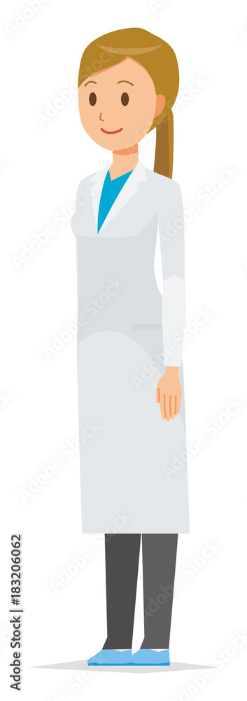 A woman doctor wearing a white suit is facing diagonally A woman doctor wearing a white suit is facing diagonally