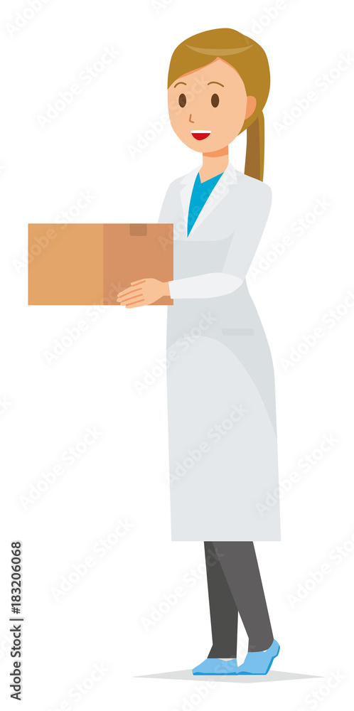 A woman doctor wearing a white suit has a cardboard box A woman doctor wearing a white suit has a cardboard box