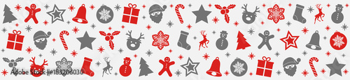 Panoramic Christmas banner with silver and red icons. Vector.