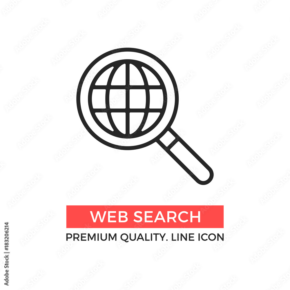 Vector web search icon. Magnifying glass and globe. Premium quality graphic design elements. Modern sign, linear pictogram, object, outline symbol, simple thin line icon Vector web search icon. Magnifying glass and globe. Premium quality graphic design elements. Modern sign, linear pictogram, object, outline symbol, simple thin line icon