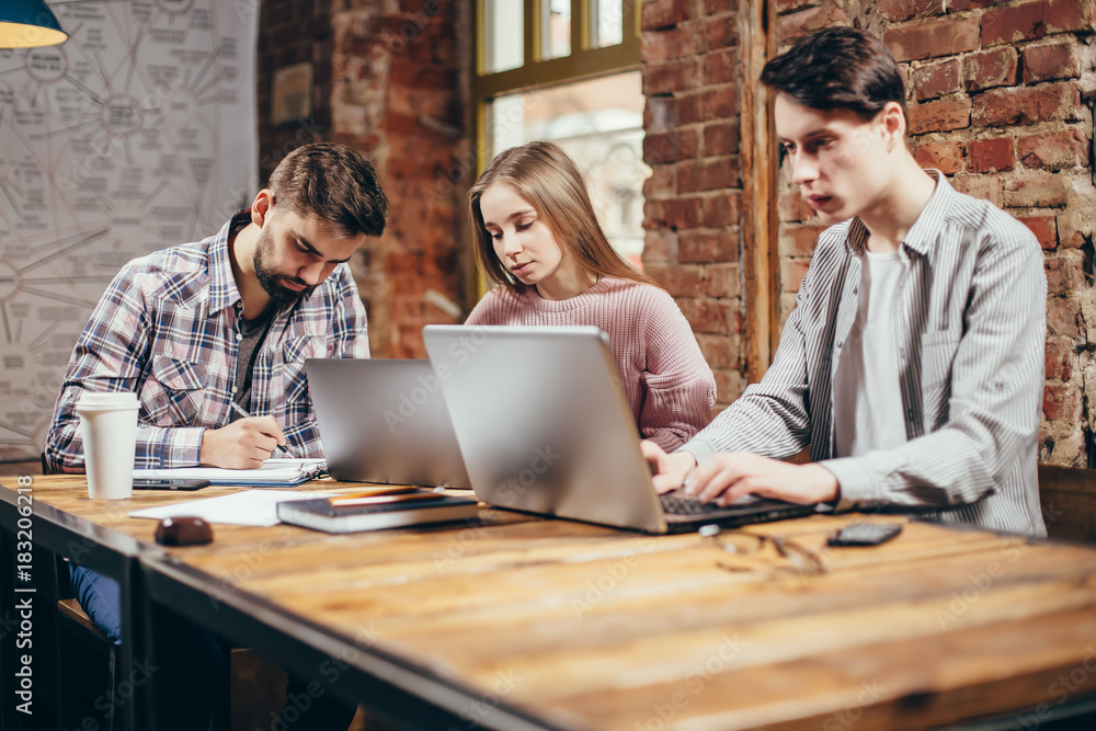 Fototapeta premium A group of young people preparing for the seminar in a cafe.