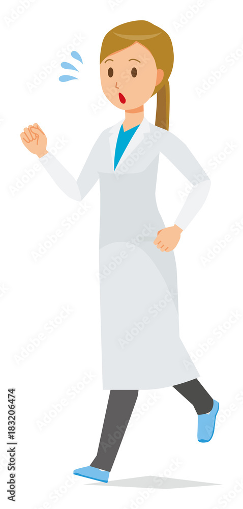 A female doctor wearing a white suit is running A female doctor wearing a white suit is running