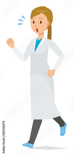 A female doctor wearing a white suit is running