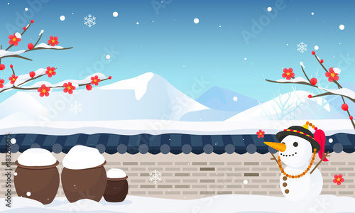 Korea winter beautiful landscape vector illustration, Jangdok or Onggi (Korean ethnic earthenware) with cute snowman