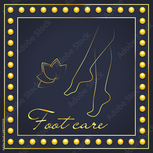 Foot care logo. Pedicure logo in gold. Golden silhouette of female legs and lotus flower on a dark blue background. Vector illustration EPS10.