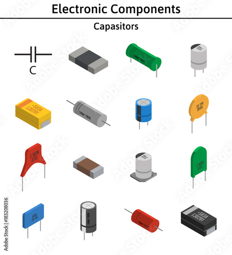 Vector set of izometric electronic components. Collection of capacitors.