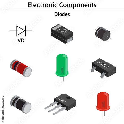 Vector set of izometric electronic components. Collection of diodes.