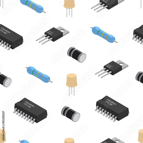 Vector seamless pattern of izometric electronic components. Collection of capacitors, resistors, diodes, transistors, inductors, microchips