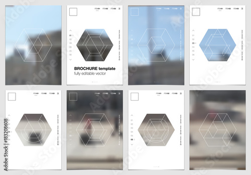 A4 brochure cover design with geometric shapes and masks in modern minimalistic style. Creative flyer template, annual report, leaflet, magazine cover or poster. Vector website page. Hexagonal figures