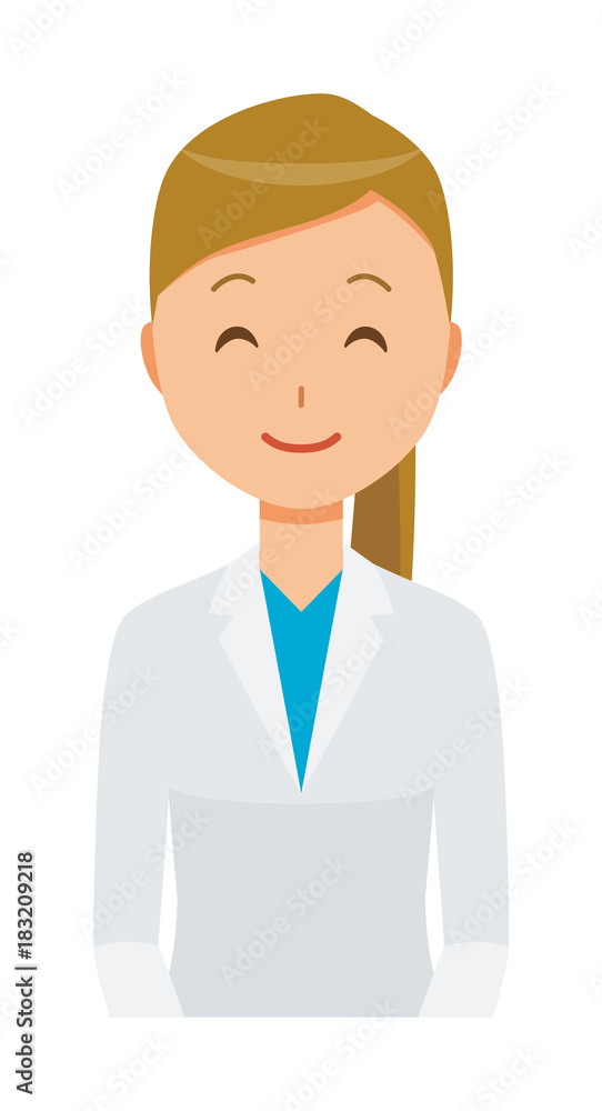 A woman doctor wearing a white suit is smiling