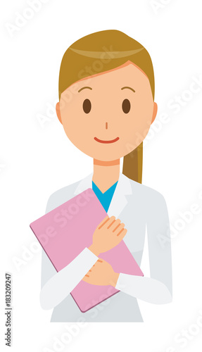 A woman doctor wearing a white suit has a file