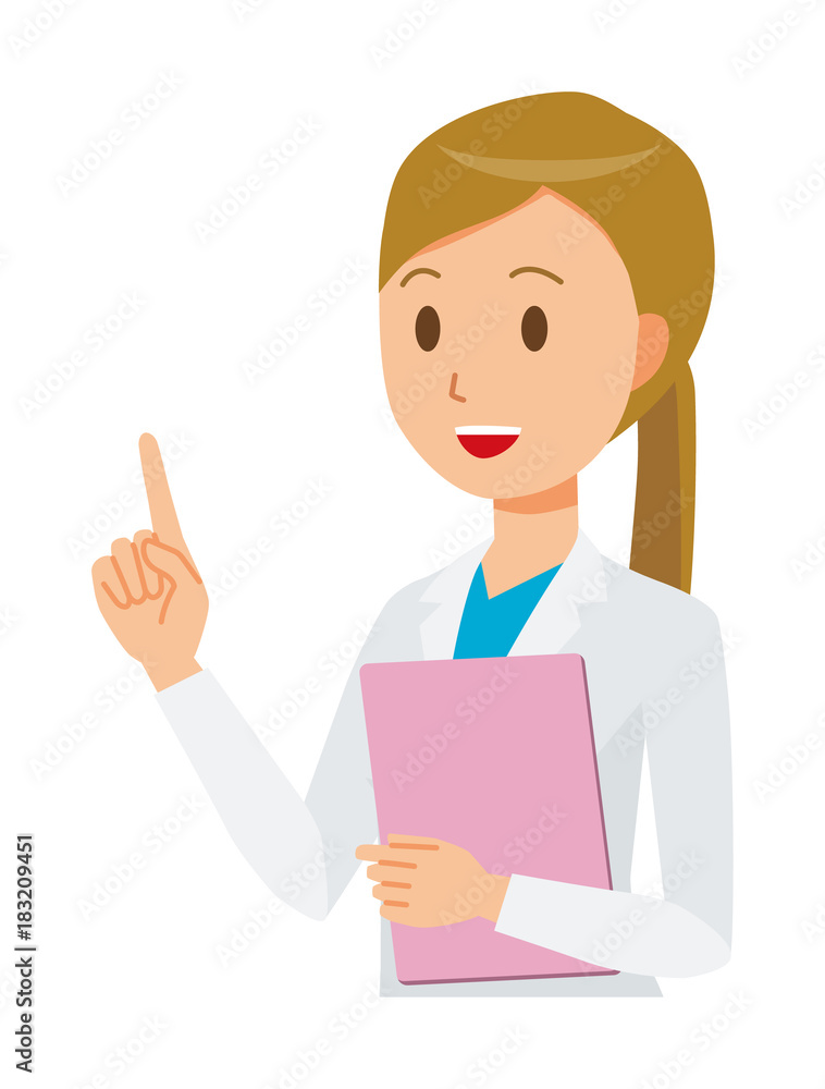 A female doctor wearing a white coat points with a file with a file A female doctor wearing a white coat points with a file with a file