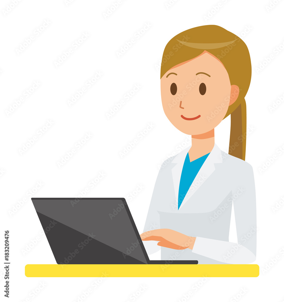 A female doctor wearing a white coat is operating a laptop computer