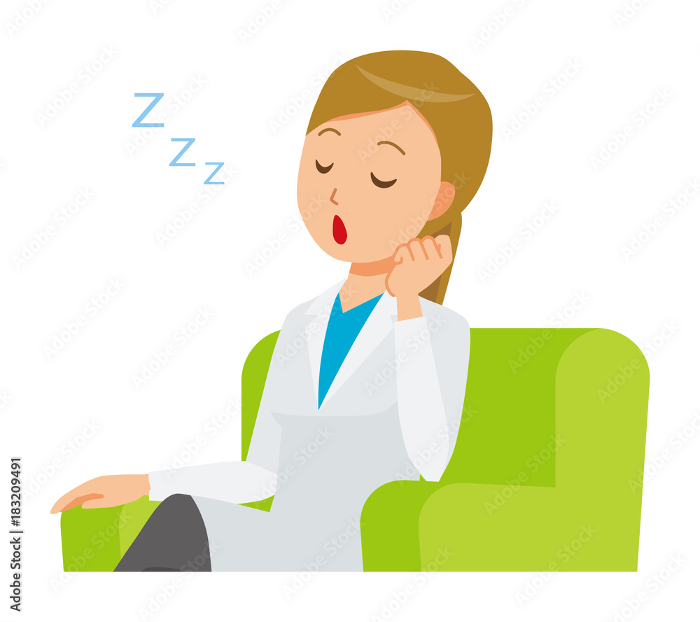 A woman doctor wearing a white suit is falling asleep sitting on the sofa A woman doctor wearing a white suit is falling asleep sitting on the sofa