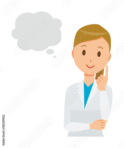A female doctor wearing a white coat thinks