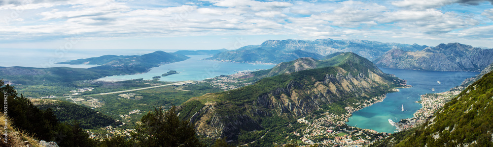 Beautiful fjord bay panorama with mountains. Kotor, Montenegro