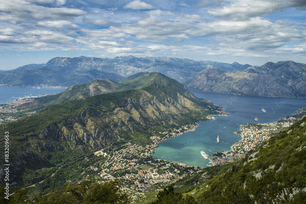 Scenic view of Kotor Bay from above with clouds