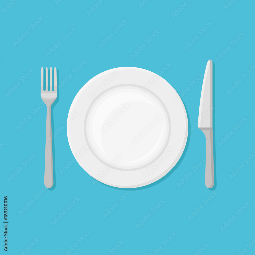 Empty plate with fork and knife isolated on blue background. Top view. Flat style vector illustration. Empty plate with fork and knife isolated on blue background. Top view. Flat style vector illustration.