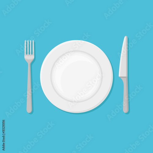 Empty plate with fork and knife isolated on blue background. Top view. Flat style vector illustration.