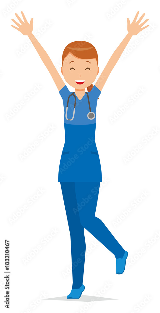 A woman nurse wearing a blue scrub has raised his hands A woman nurse wearing a blue scrub has raised his hands