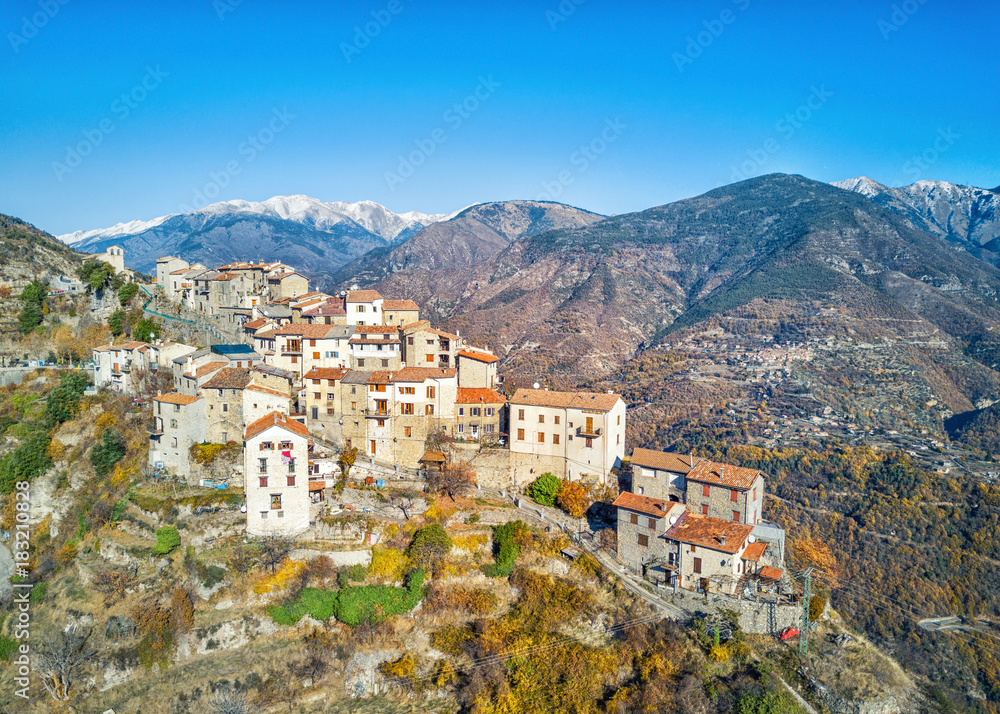 Aerial view on Bairols medieval mountain village, Alpes-Maritimes, France