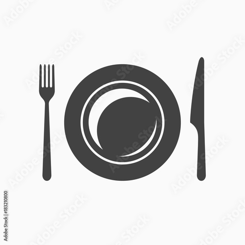 Plate with fork and knife monochrome icon. Vector illustration.