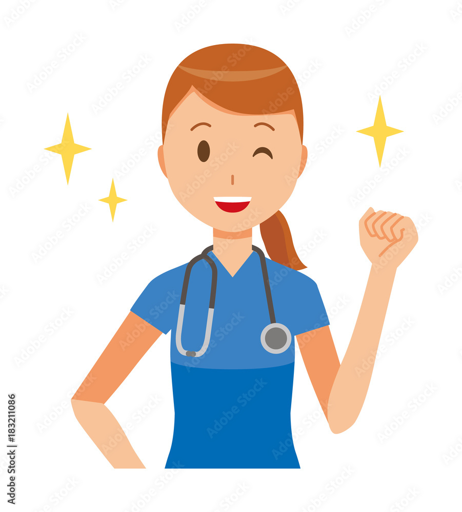 A female nurse wearing a blue scrub is raising his fist A female nurse wearing a blue scrub is raising his fist