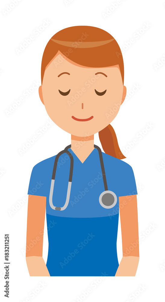A female nurse wearing a blue scrub is bowing A female nurse wearing a blue scrub is bowing