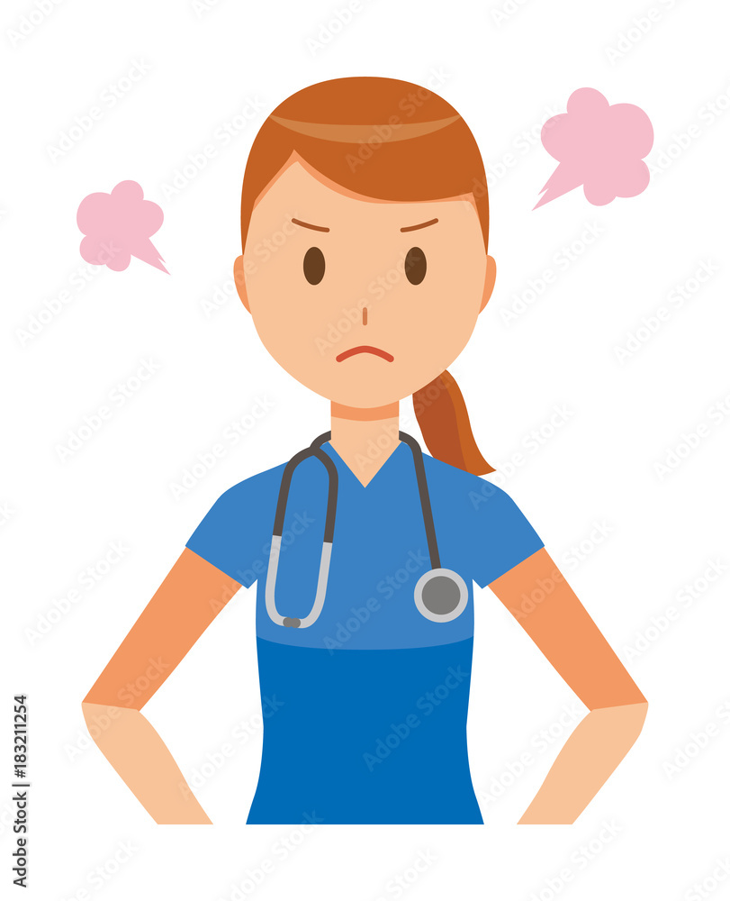 A woman nurse wearing a blue scrub is angry A woman nurse wearing a blue scrub is angry