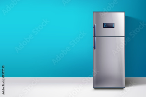 fridge at blue wall
