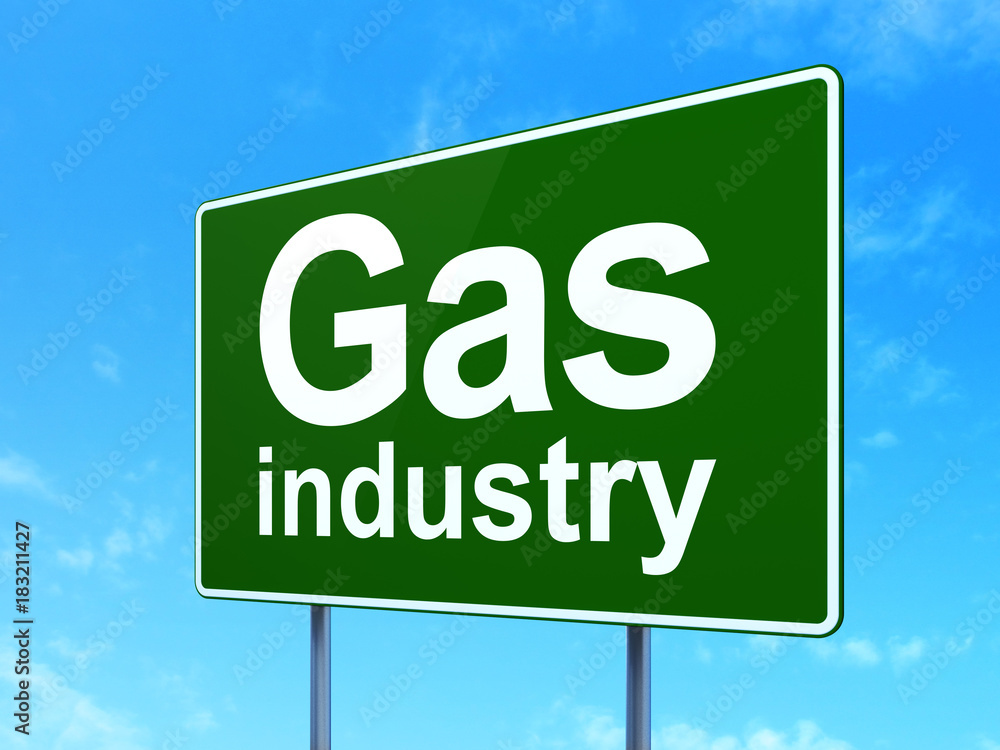 Industry concept: Gas Industry on green road highway sign, clear blue sky background, 3D rendering Industry concept: Gas Industry on green road highway sign, clear blue sky background, 3D rendering