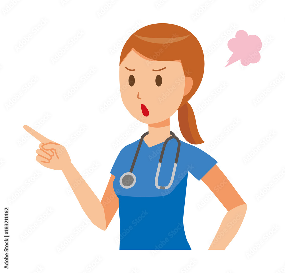 A female nurse wearing a blue scrub is angrily pointing to a finger