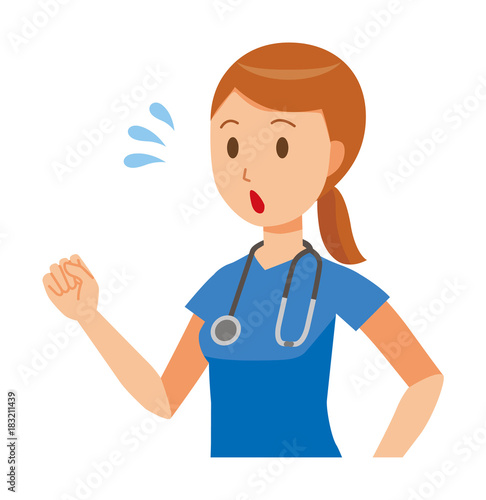 A female nurse wearing a blue scrub is running
