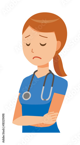 A woman nurse wearing a blue scrub is depressed