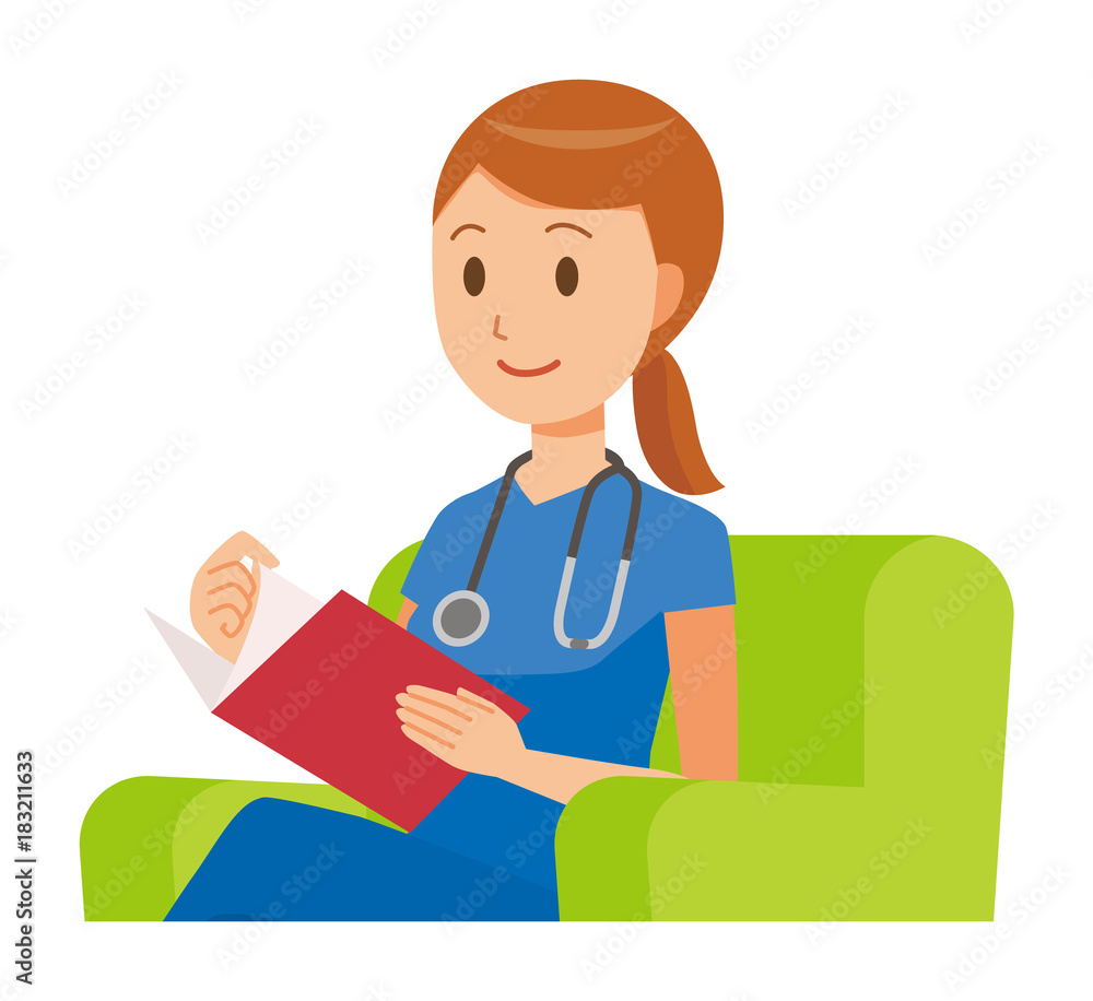 A woman nurse in a blue scrub sits on a sofa and is reading books A woman nurse in a blue scrub sits on a sofa and is reading books