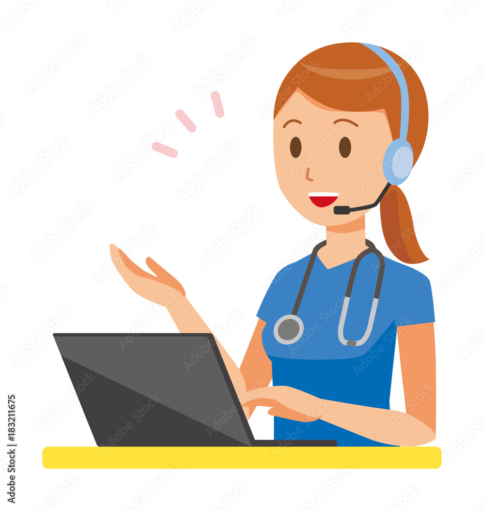 A female nurse wearing a blue scrub is talking on the headset A female nurse wearing a blue scrub is talking on the headset