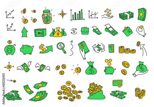 Hand drawn vector illustrations money coins bills elements. Finance payments banks cash Stock color vector