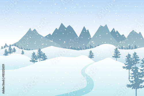 Flat winter vector landscape with silhouettes of trees, hills and mountains with falling snow. © Jan