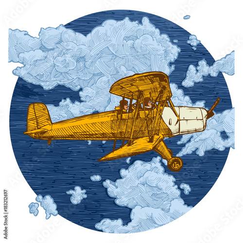 Drawing of airplane stylized as engraving