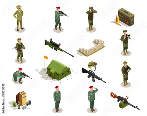 Valokuvatapetti Army Military Isometric Elements Set