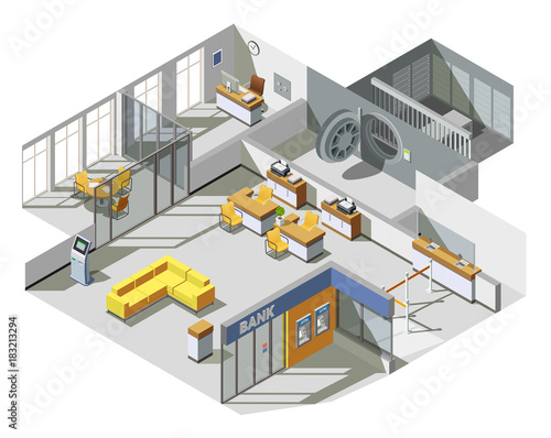 Bank Office Interior Isometric Composition