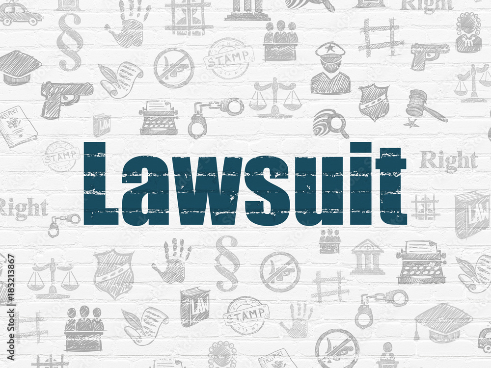 Law concept: Painted blue text Lawsuit on White Brick wall background with  Hand Drawn Law Icons