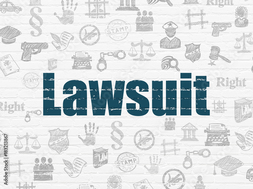 Law concept: Painted blue text Lawsuit on White Brick wall background with  Hand Drawn Law Icons © Maksim Kabakou