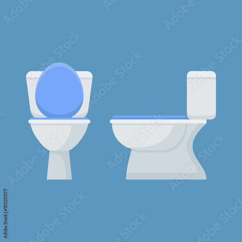 Toilet bowl isolated on blue background. Flat style icon. Front and side view. Vector illustration.