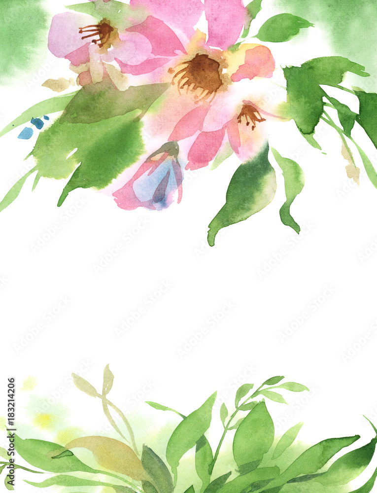 Fototapeta premium Watercolor floral background of green branch, leaves and rose flowers