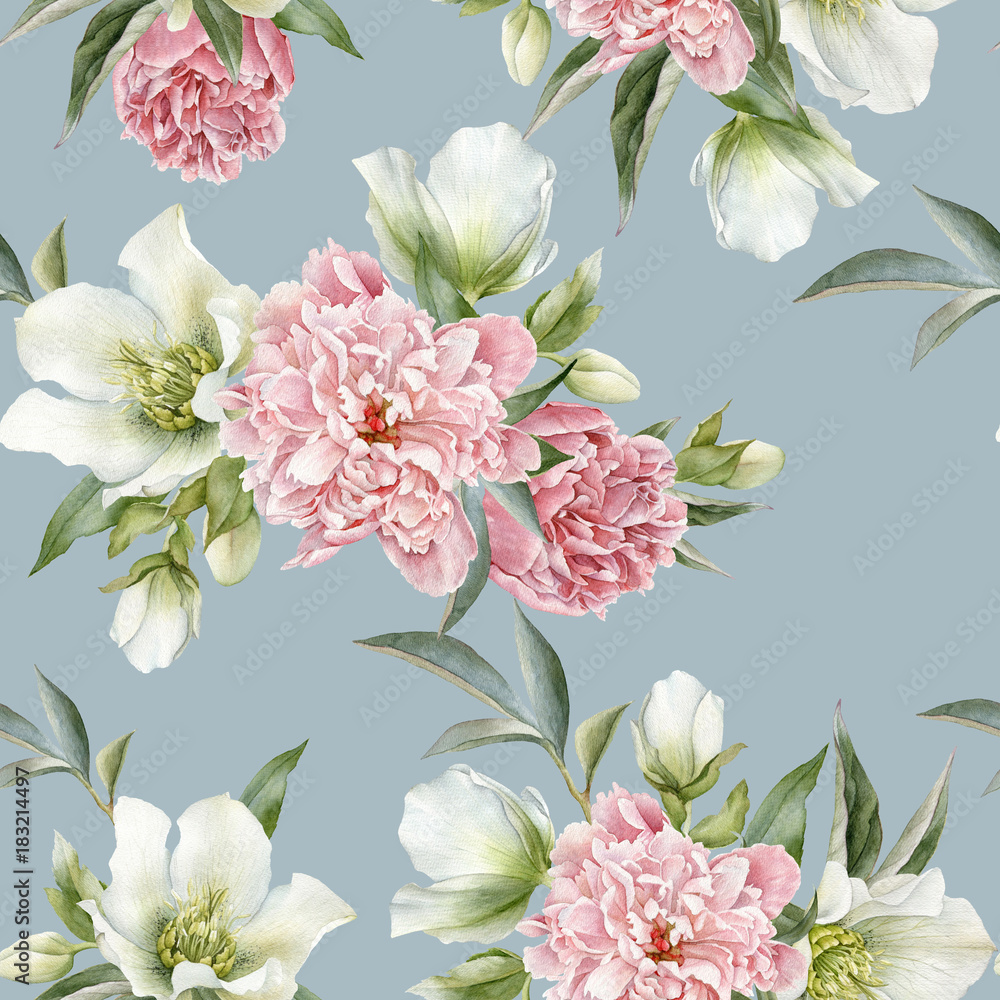 Fototapeta premium Floral seamless pattern with peonies and hellebore
