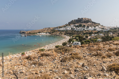 Acropolis  the second largest and most significant in Greece  and white houses in Lindos on the island of Rhodes