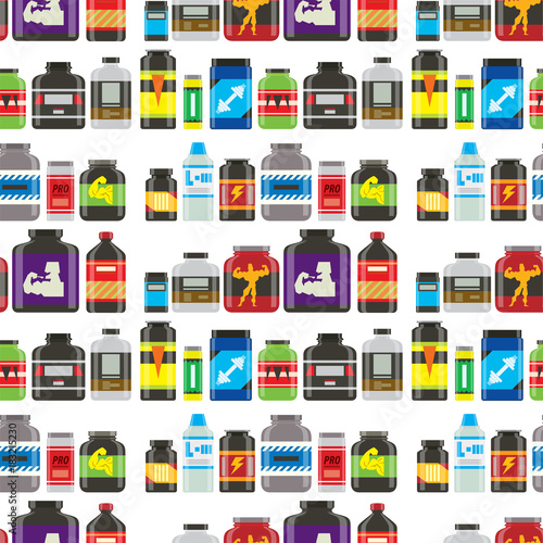 Wallpaper Mural Sport nutrition healthy food fitness diet bodybuilding proteine power drink athletic supplement energy seamless pattern background vector illustration. Torontodigital.ca