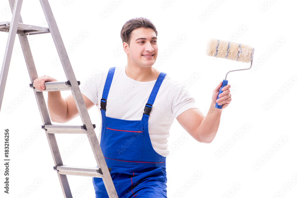Young painter man with ladder isolated on white background Young painter man with ladder isolated on white background