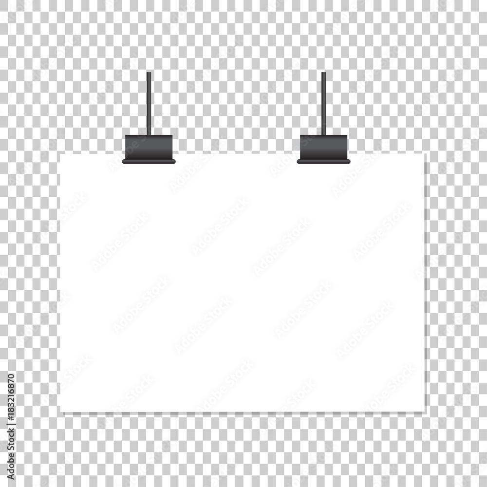 White poster hanging on binder. Transparent background with mock up empty paper blank. Layout mockup. Horizontal template sheet White poster hanging on binder. Transparent background with mock up empty paper blank. Layout mockup. Horizontal template sheet